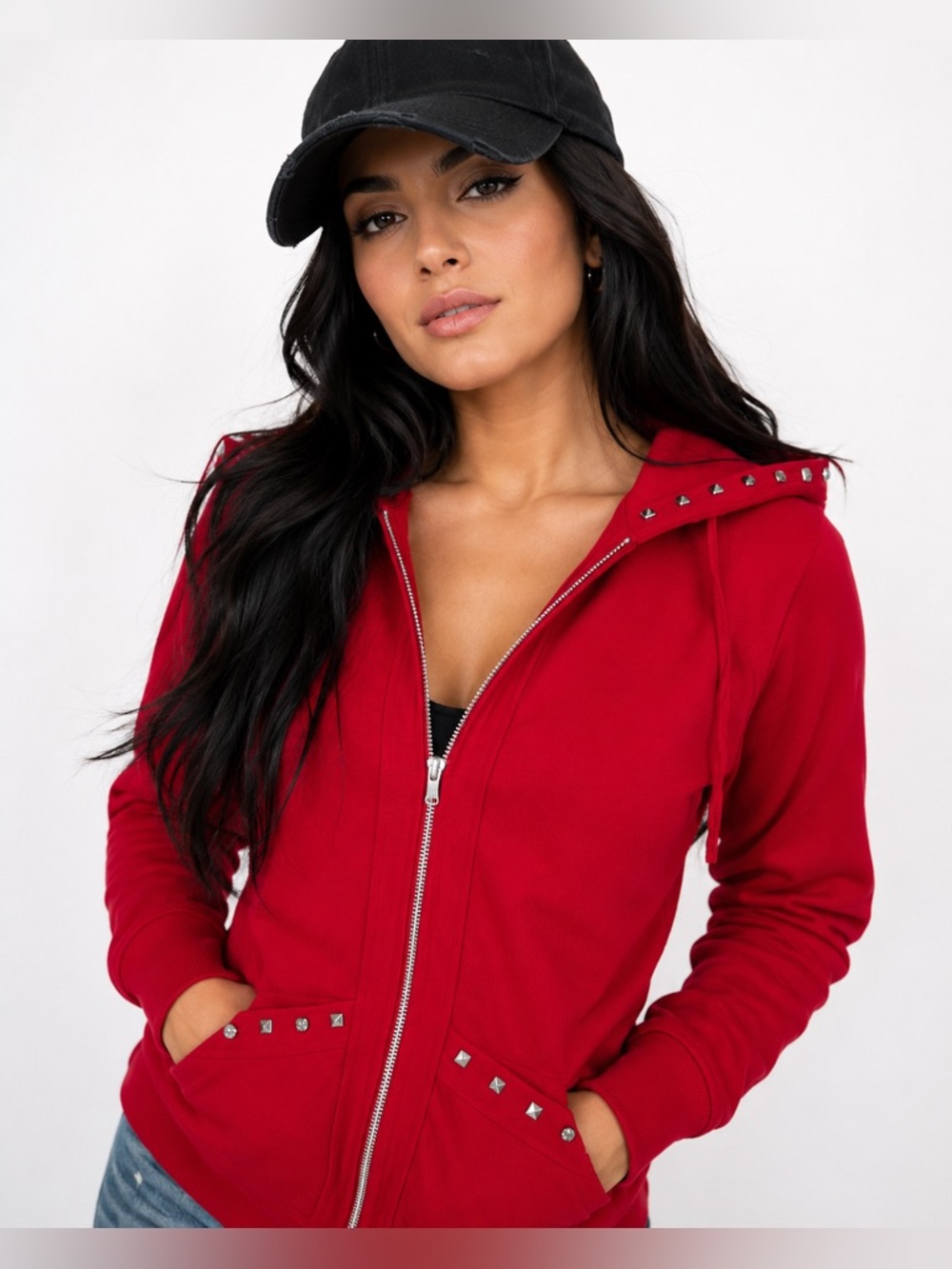 Miss Chevious Red Studded Hooded Zip-Up Jacket Hoodie Size Small NWT Look